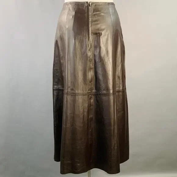 IRIS & INK Size 16 Brown Lambskin Leather A-Line Midi Skirt Skirts